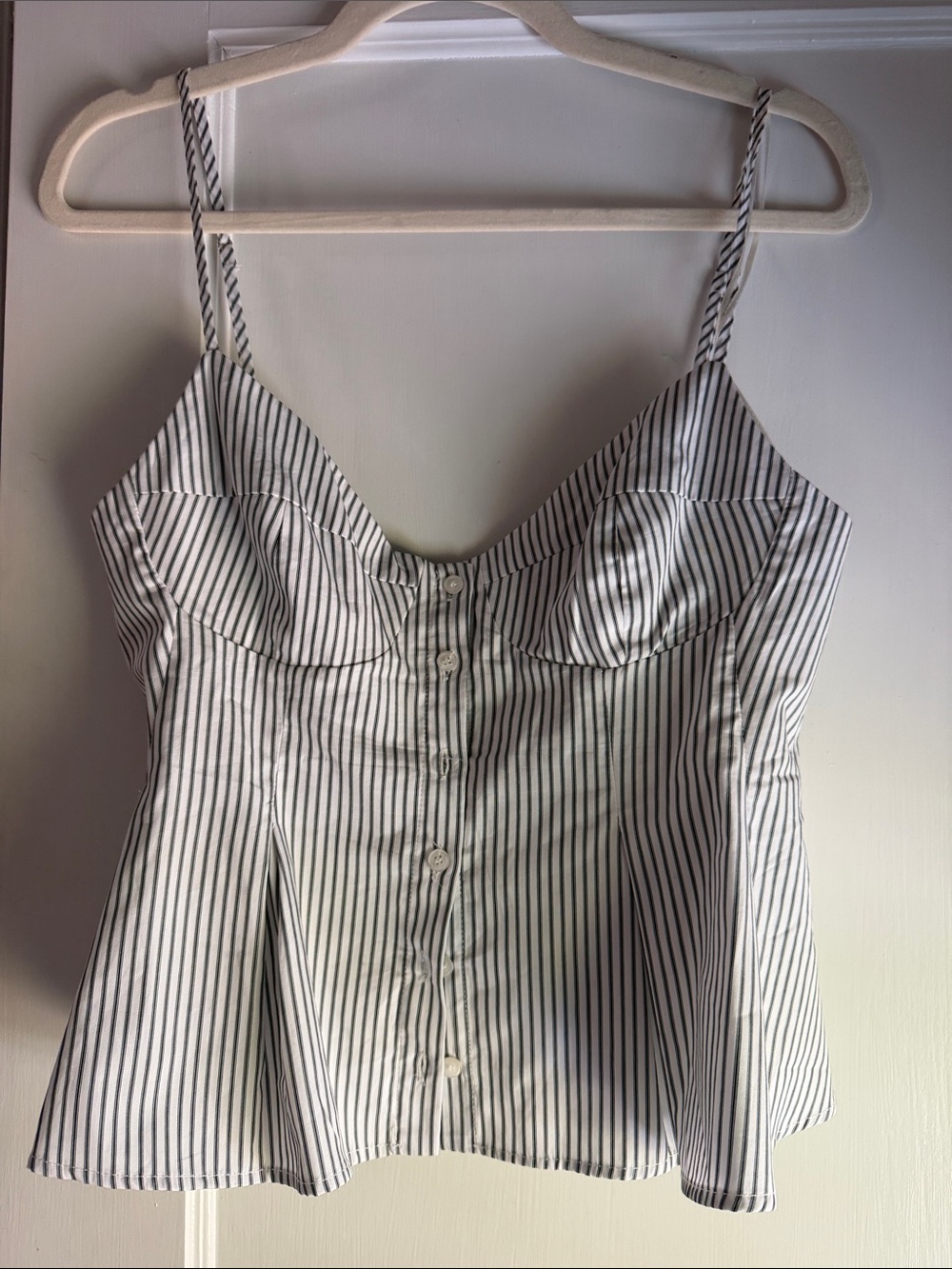 Zara White Top with Black Pinstripes - Spaghetti Strap Peplum